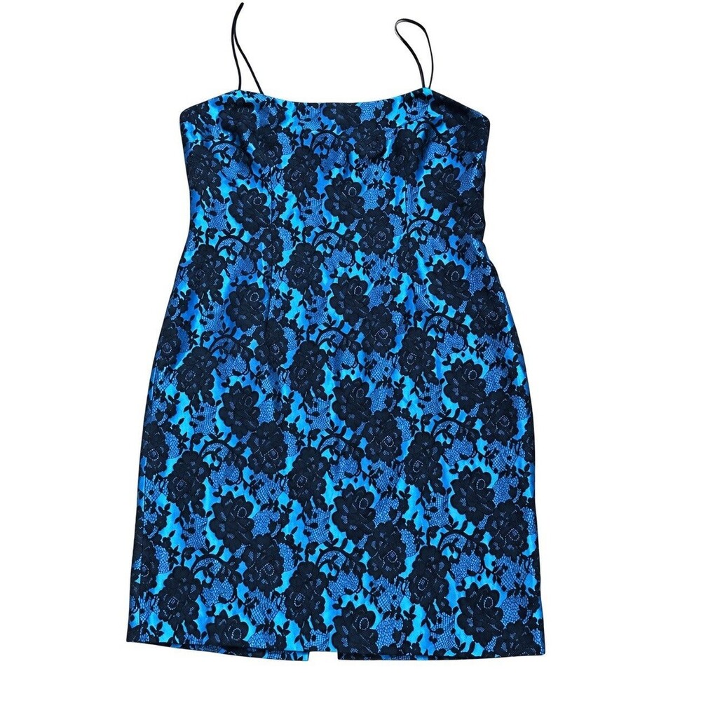 Teri Jon Rickie Freeman 14 Blue Black Lace Sheath Cocktail Dress Spaghetti Strap